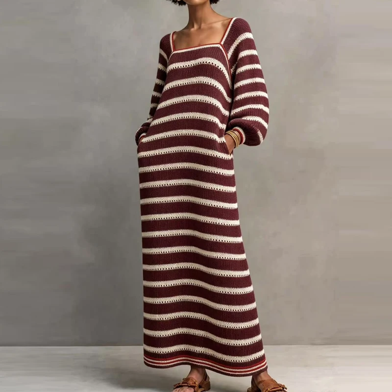 Square Collar Long Sleeved High Waist Women Fall Dress Striped Printed Pocket Loose Home Dress Casual Multi Color Hem Long Dress