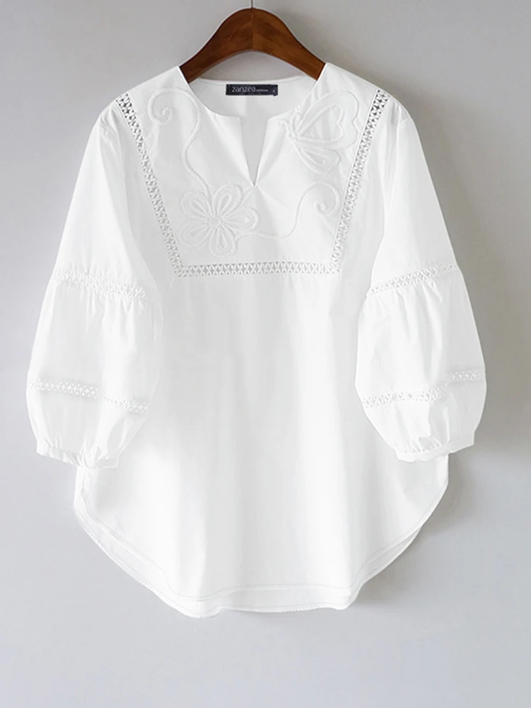

2025 ZANZEA Autumn Lace Trim Shirt Women Embroidered Blouse Elegant V Neck 3/4 Sleeve Tops Casual Solid Loose Blusas Mujer Femme