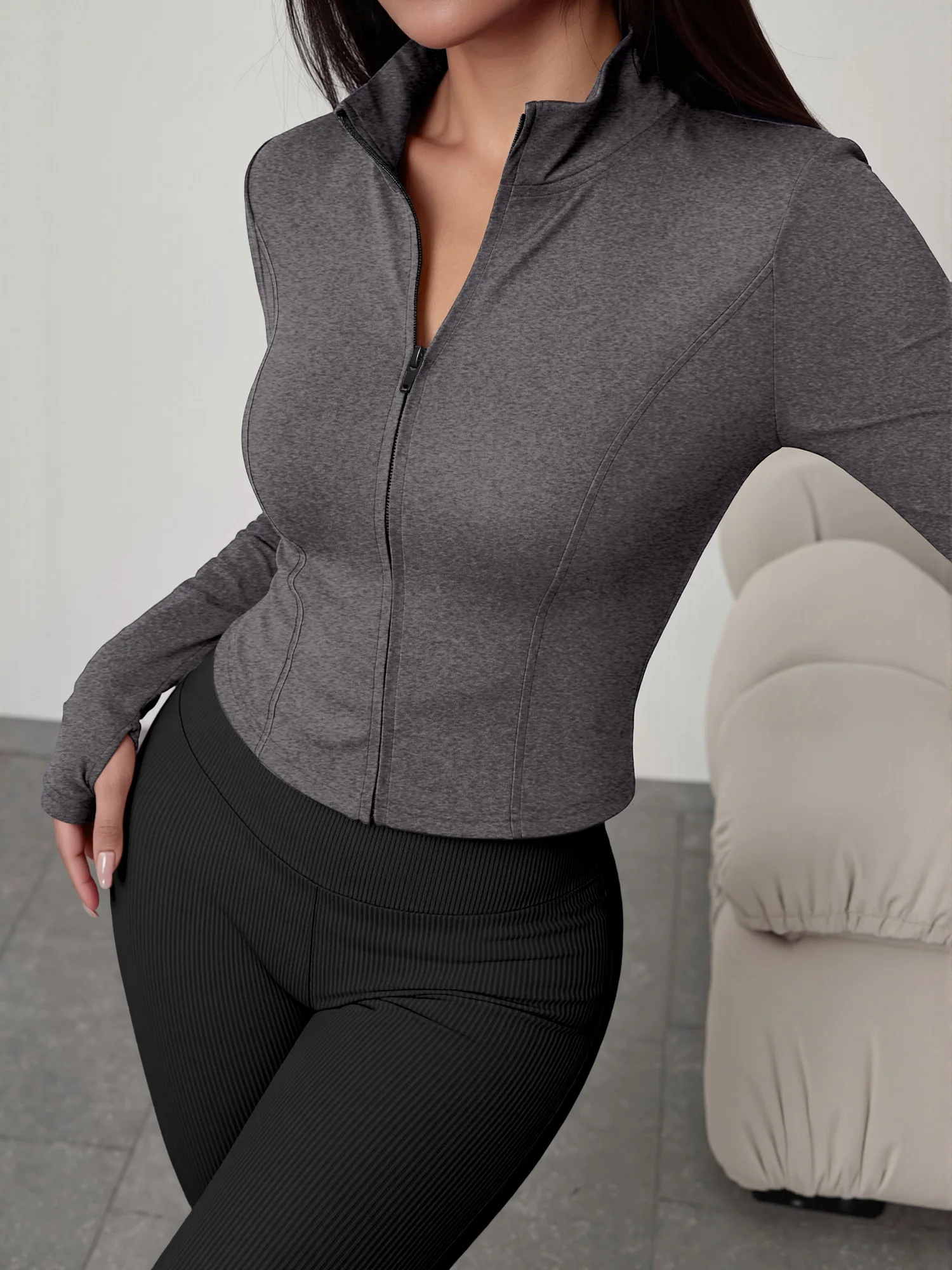 European American Women Ribbed Knit Two Piece Set, Long Sleeve Zip Top With High Waist Flare Pants, Casual Slim Daily Outfit
