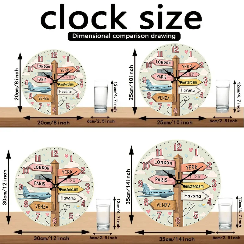 2D Flat. 1pc. Global Travel Theme Style Wall Clock - Silent Decorative Clock, Creative Wall Clock, Suitable for Bedroom, Living Room, Office Decoration, 20.32/25.4/30.48/35.56 cm (AA Battery Not Included)