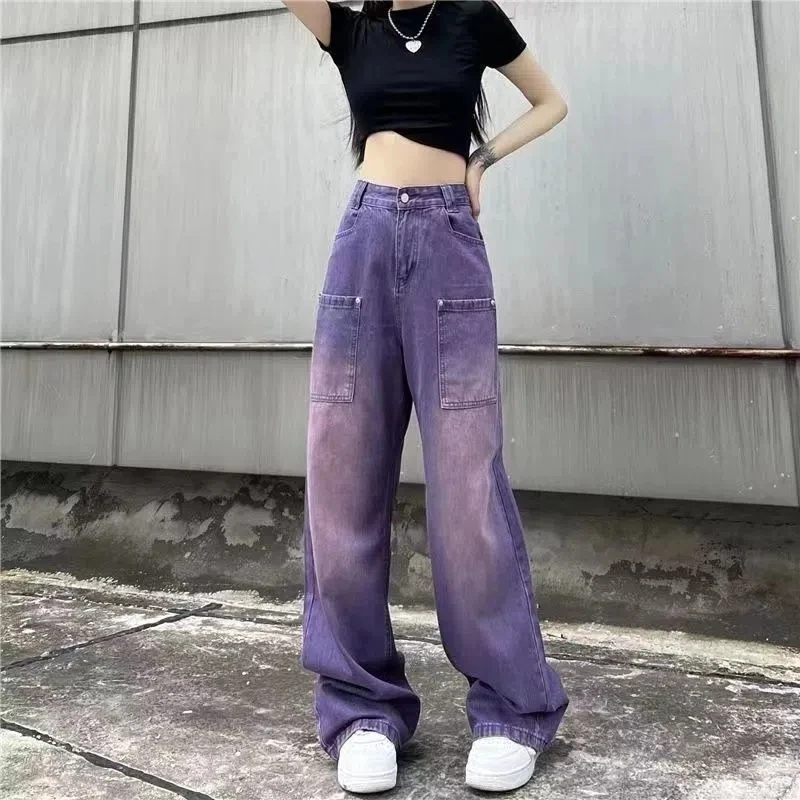 

Jeans Women Spring Autumn 2023 New Large Size Washed Gradient Color Trousers Fashion Casual The Middle Wide Leg Pants Womens