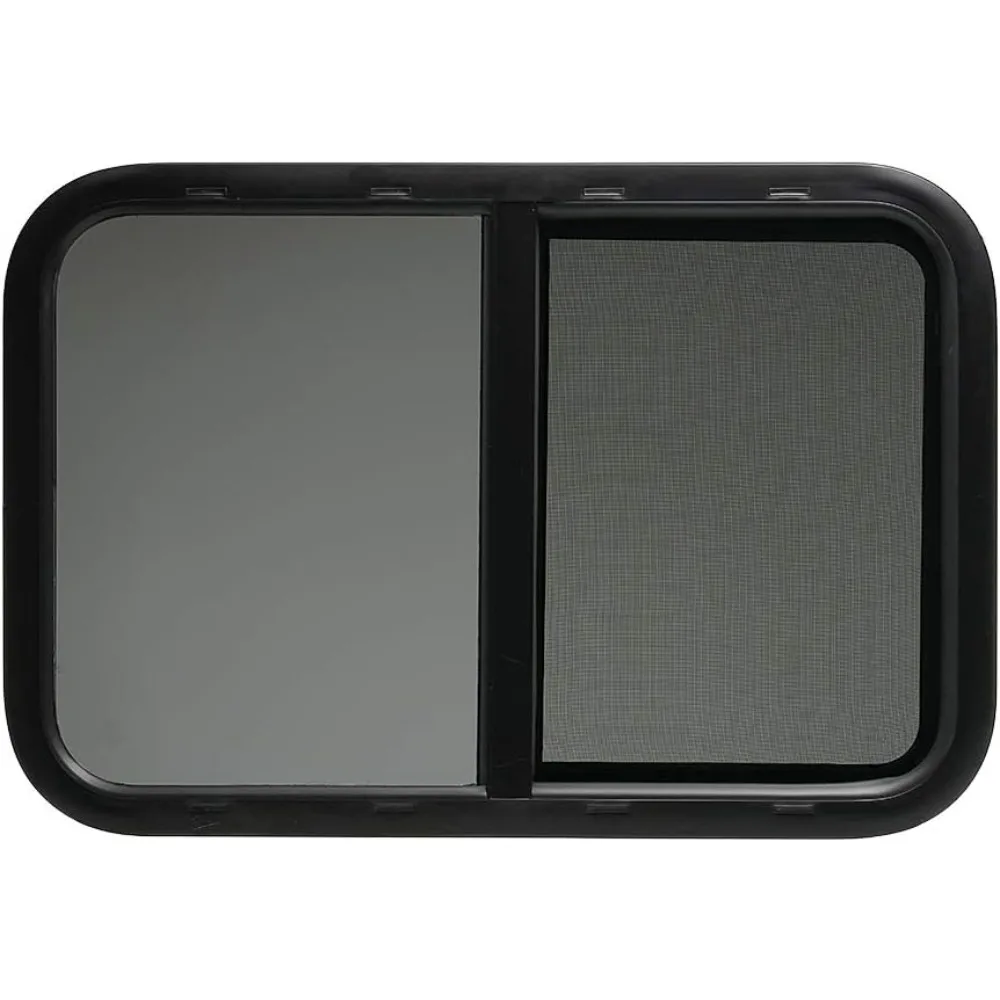 نافذة RV سوداء منزلقة أفقية مقاس 30 × 20 بسمك 1.5، وحلقة تركيب وشاشة سفلية متضمنة