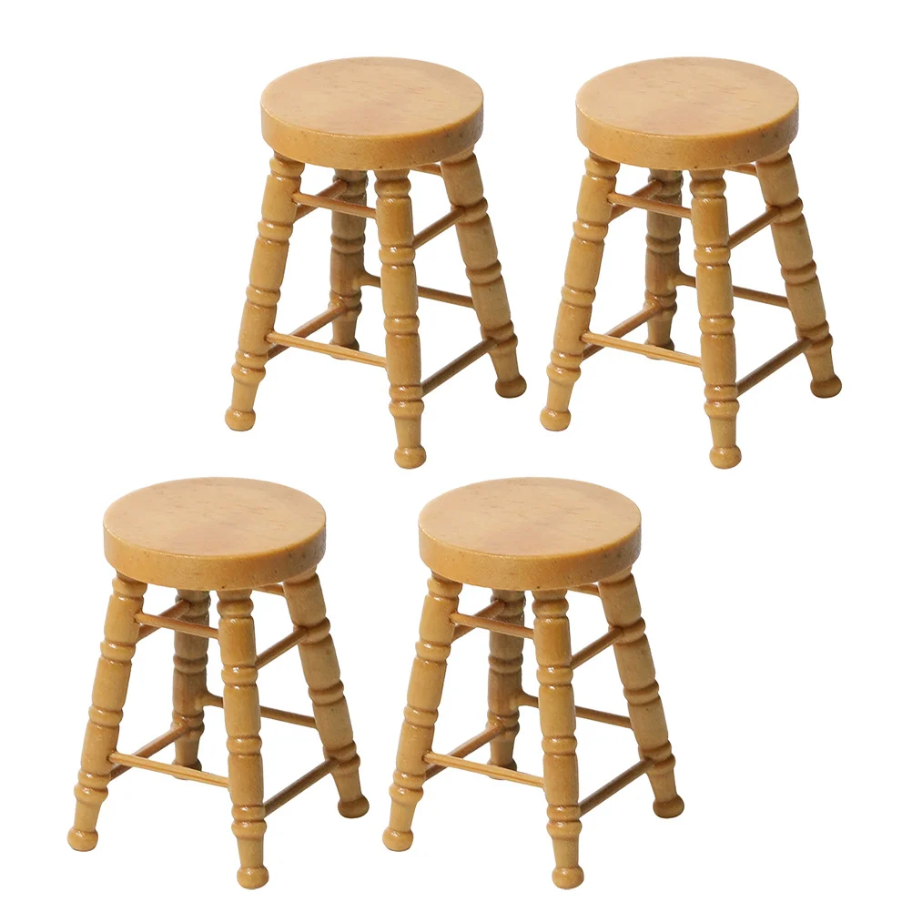 

4pcs Miniature Round Stool For Dollhouse Accessories High Leg Wooden Craft Small Furniture Decor Natural Wood Texture Stable