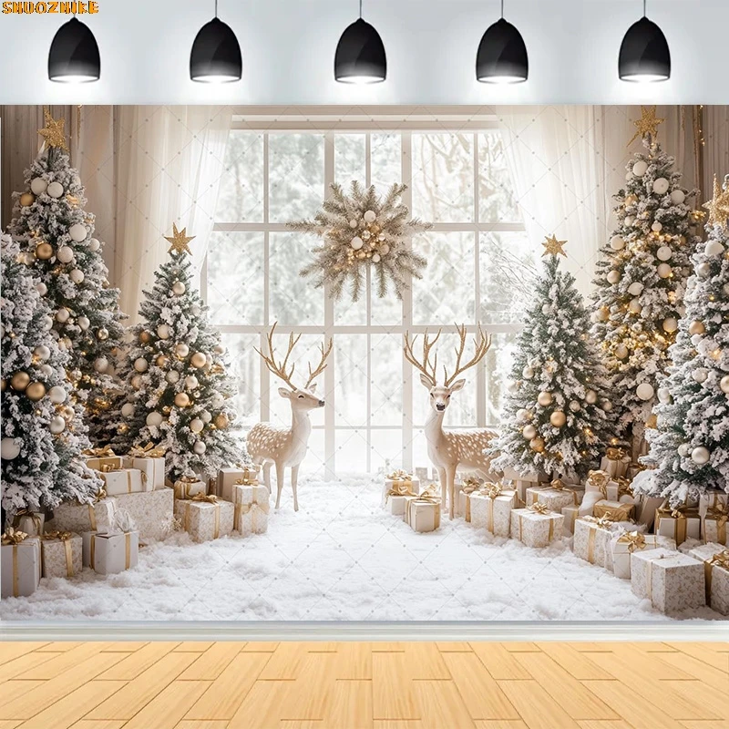 

Christmas Day Wreath Family New Year Party Photography Backdrops Prop Window Living Room Xmas Tree Gift Snow Background WD-27