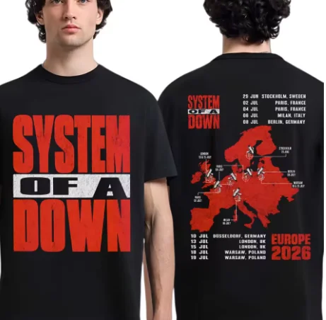 2026 new Men's T-shirt with red map of the European continent logo, pin mark, list of travel dates, printed design