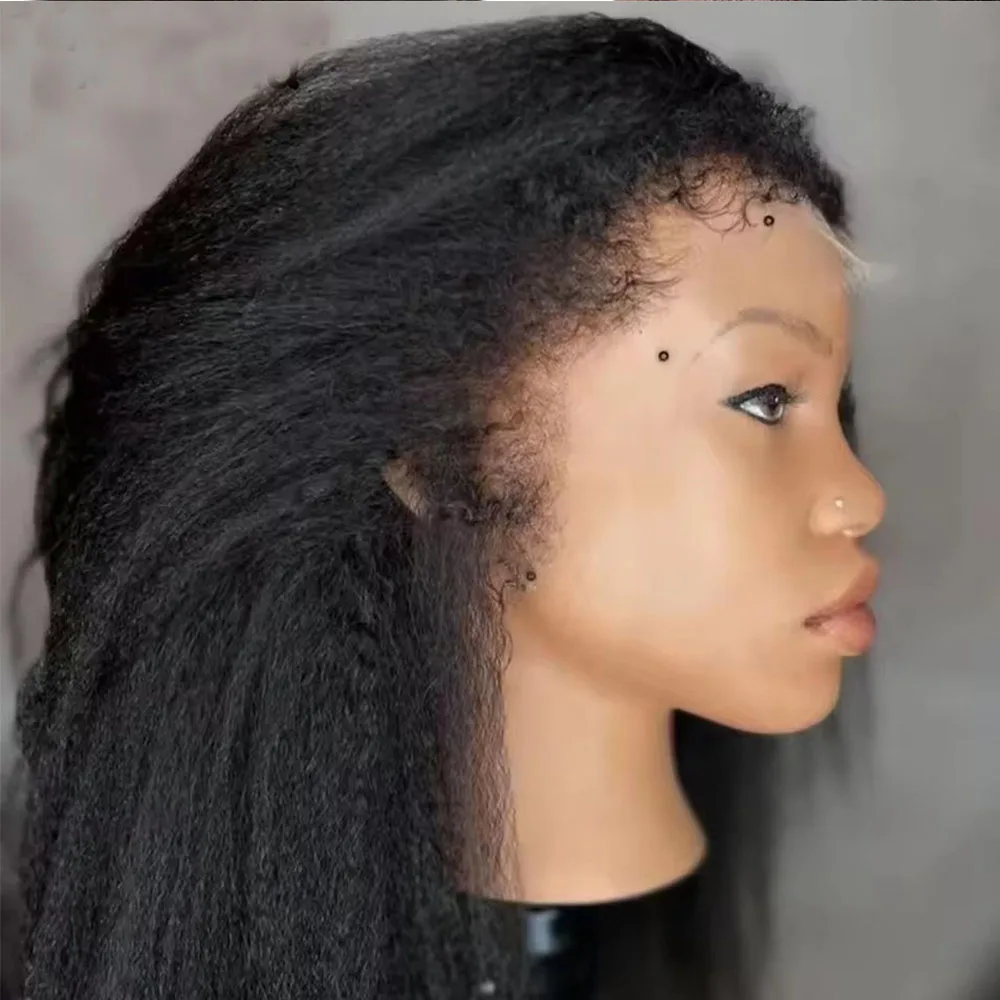 KINKY Gerade Natürliche Wellige Schwarze Damenperücken Echthaar-Perücken mit Vollspitze 200 Dichte 13x6 360 Lace Front 5x5 Lace Closure – Detail 3