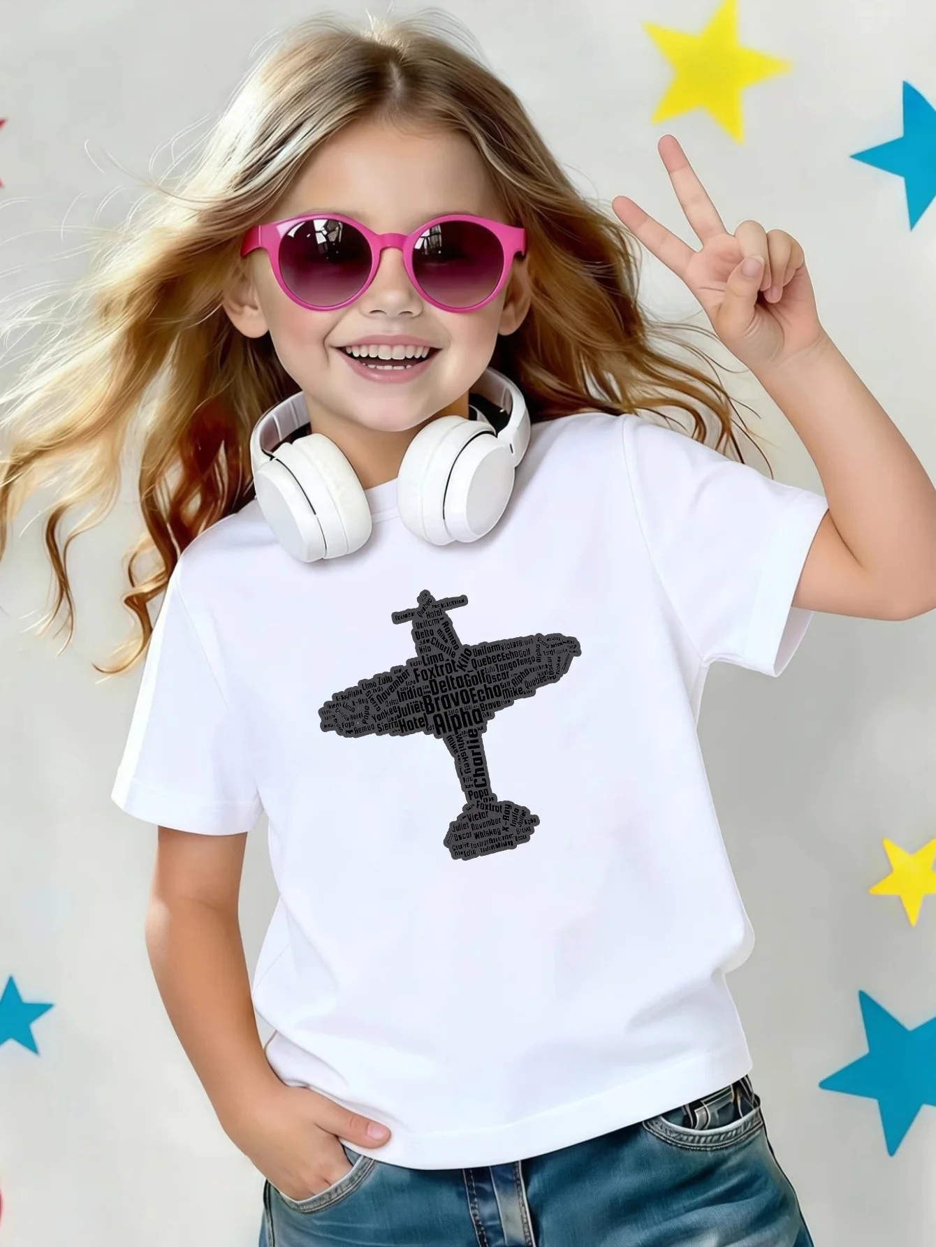 Word Art Airplane Shape Print Kids Tee Boys Girls Family Match Cotton Crew Neck Short Sleeve Soft Summer Casual Kid Wear