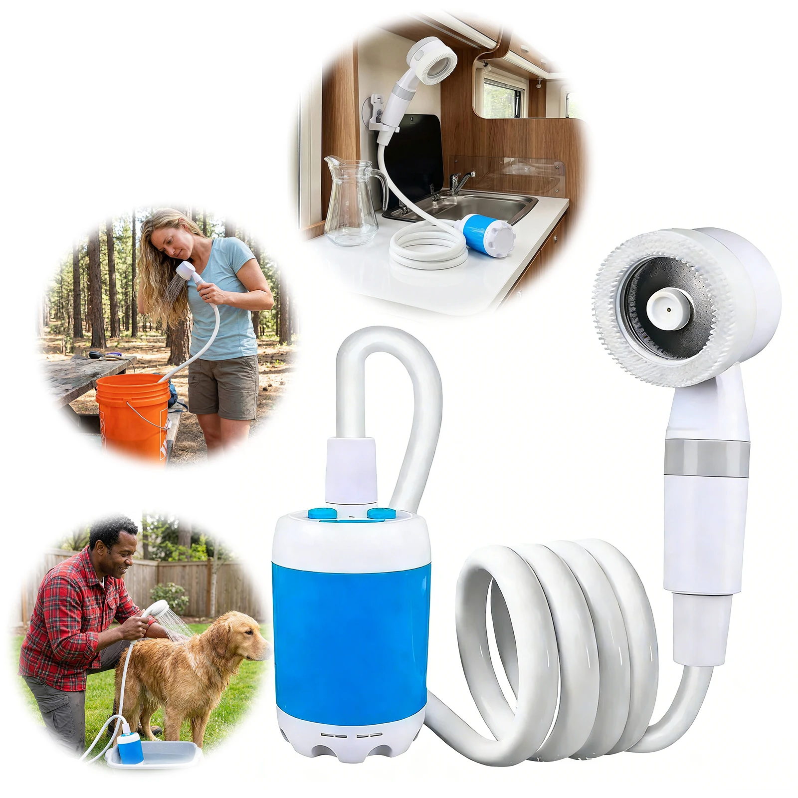 

Портативный походный душ с насосом и встроенным аккумулятором 4000 мАч, комплект для душа на открытом воздухе для походов, мытья домашних животных, мойки автомобилей