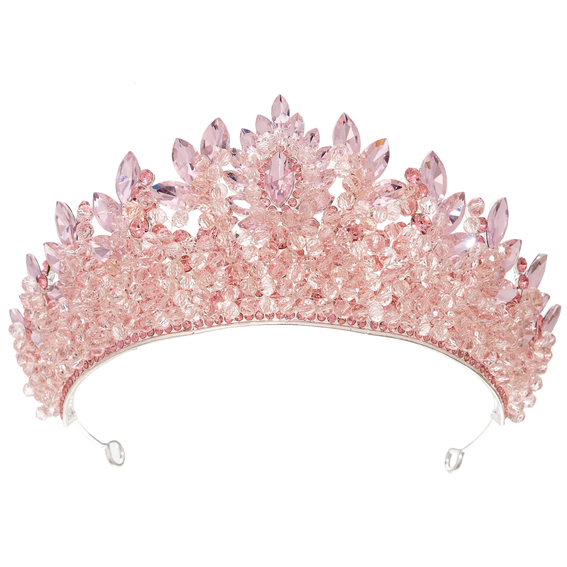 

Luxury Handmade Pink Crystal Beads Miss Universe Bridal Tiara Crown Rhinestone Pageant Diadem Wedding Hair Accessories Headpiece