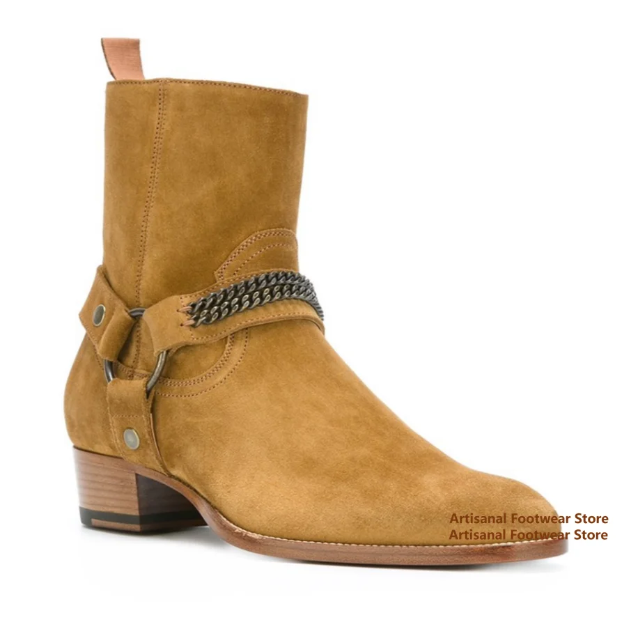 

Metal Rings Chelsea Boots Chains Decor Leather Booties Designer Style Brand Handmade Males Shoes Side Zipper Men's Booties
