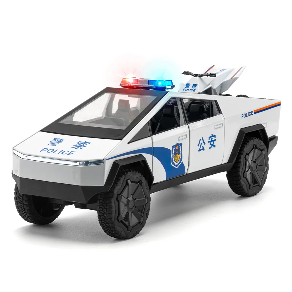 :24 Tesla Pickup Police Car High Simulation Diecast Metal Alloy Model Car Sound Light Pull Back Collection Kids Toy Gifts