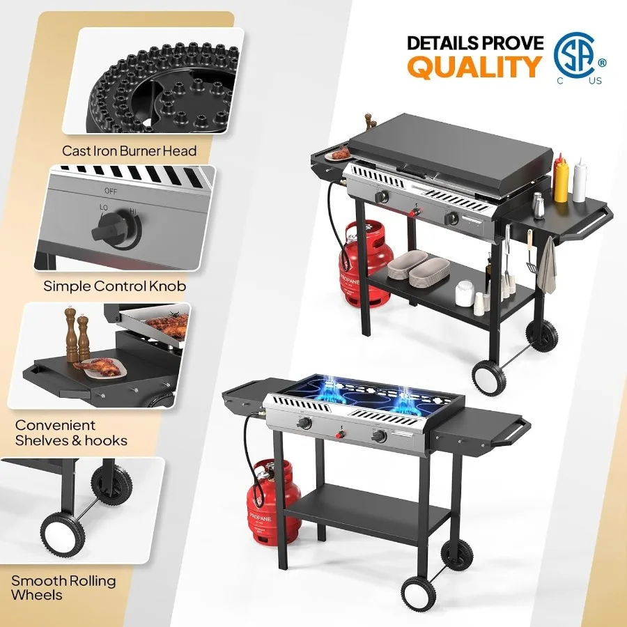 2 الموقد البروبان موقد غاز مع الإشعال التلقائي 150000 وحدة حرارية بريطانية موقد للتخييم مع رف تخزين وعجلات المتداول المحمولة في الهواء الطلق