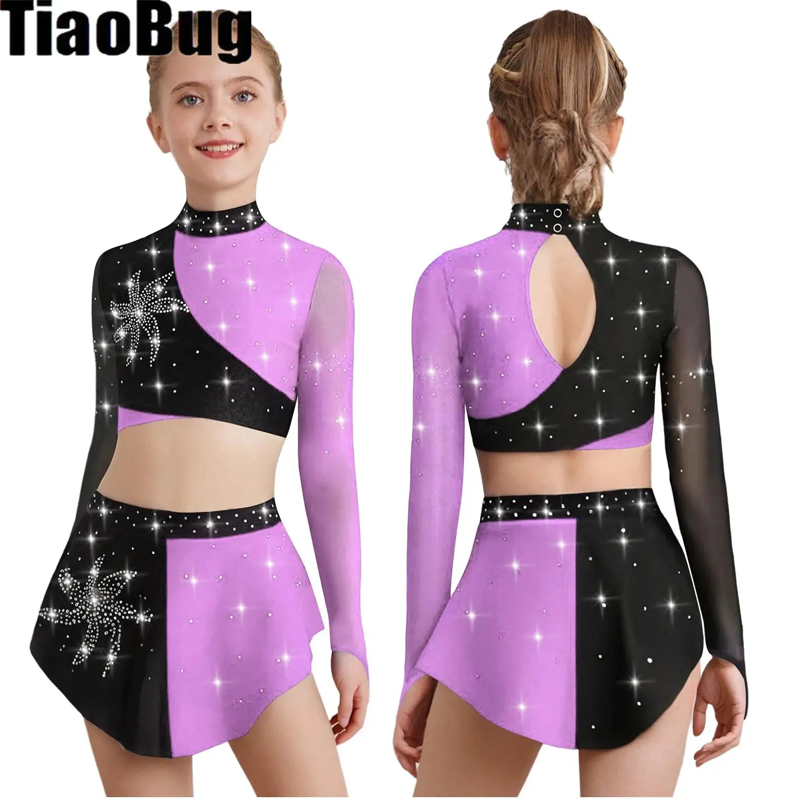 

Kids Girls Lyrical Dance Sets Sheer Mesh Long Sleeves Keyhole Back Color Block Shiny Rhinestones Crop Top with Skirt