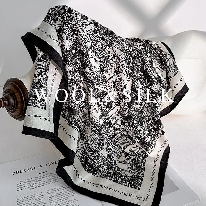 

2026 Elegant Silk Wool Scarf for Women Autumn Classic Black White Print Square Scarf 70% Wool 30% Silk Scarf Ladies Neck Warmer