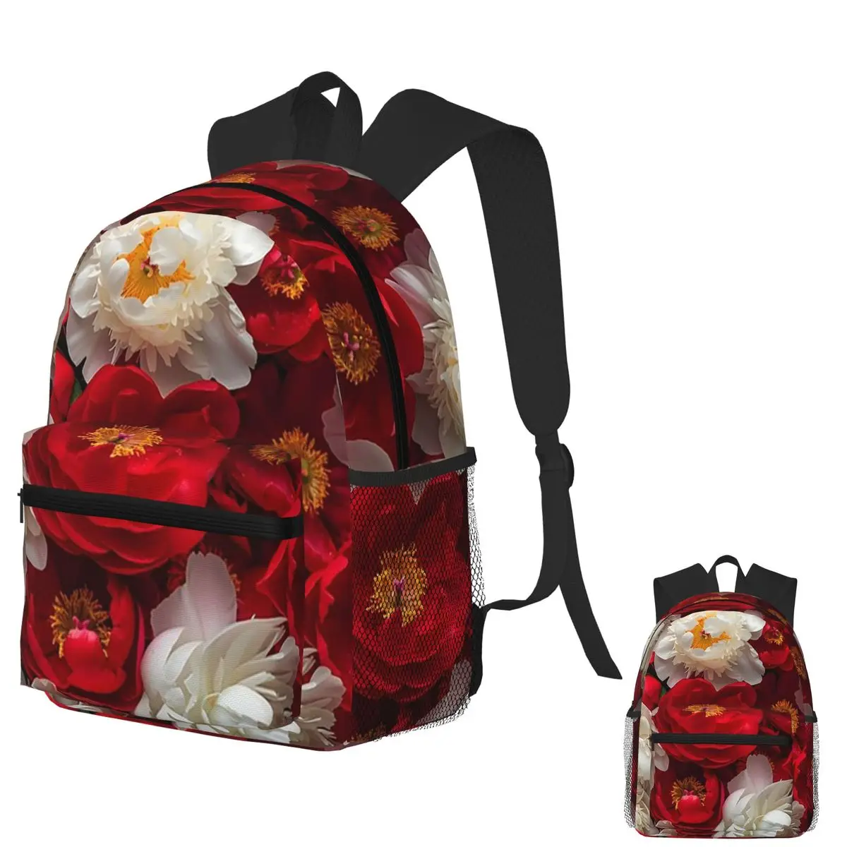 

Red And White Peonies Floral Full Frame Student Backpack School Bag Hiking Travel Daypack for Boys Girls Bookbag Shoulder Bags
