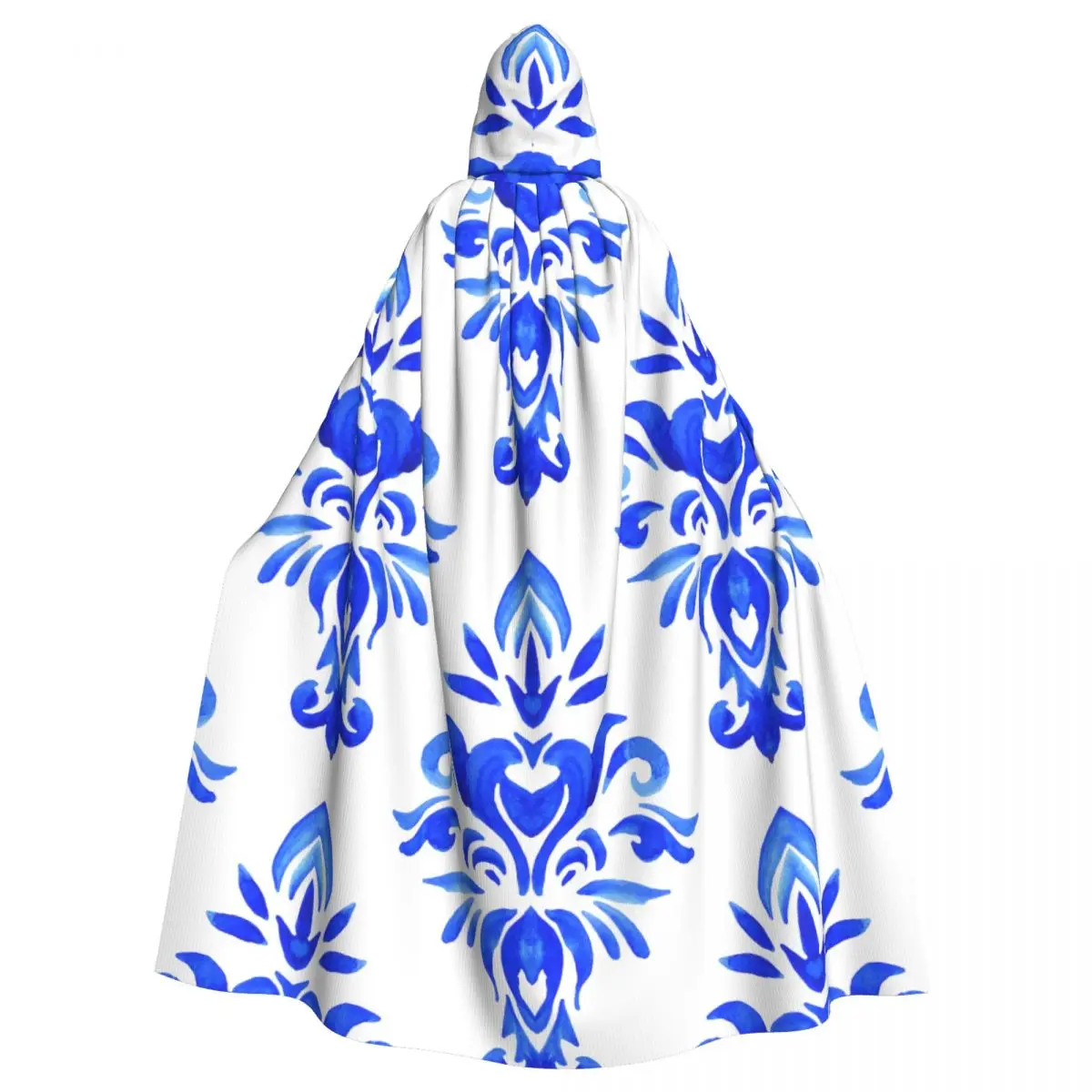 

Adult Cloak Cape Hooded Abstract Cobalt Blue Whit Damask Flower Medieval Costume Witch Wicca Vampire Elf Purim Carnival Party