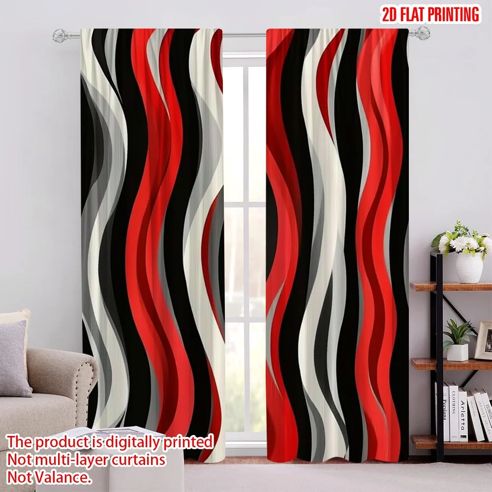 2pcs 2D flat printing Window Treatment Curtains Black_ Red & Gray Digital Printed Polyester Drapes Festive Curtains Perfect for