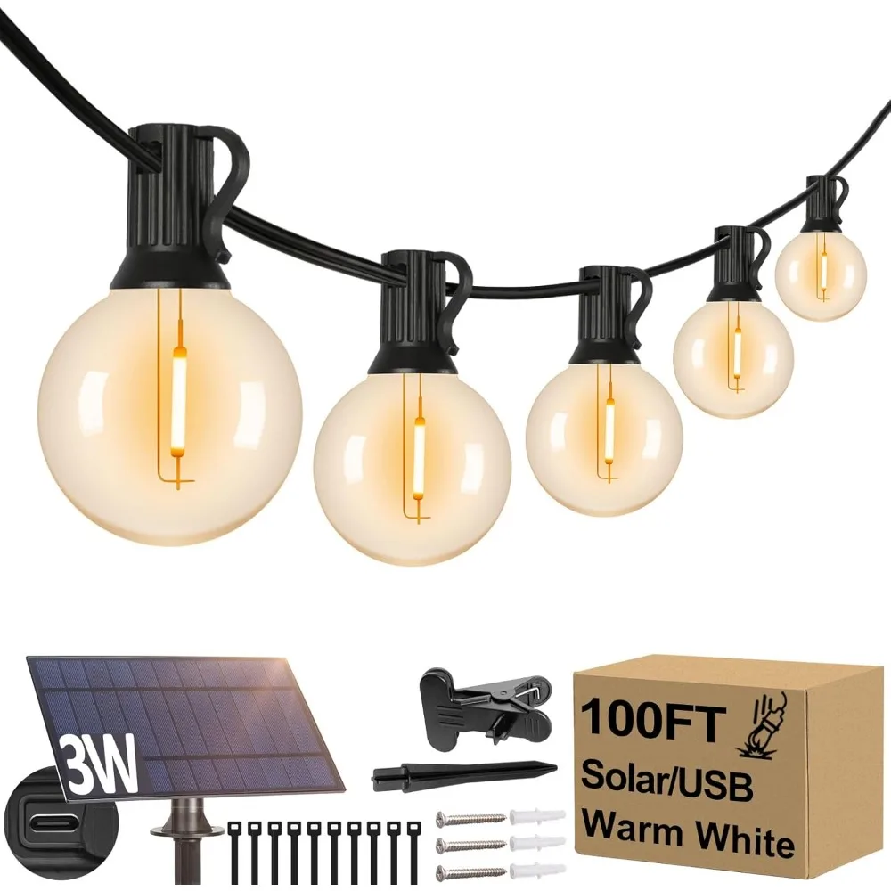 Lakumu 100FT G40 Luces de cadena con energía solar, luces de globo impermeables para exteriores con 36 bombillas LED, blanco cálido 2700K
