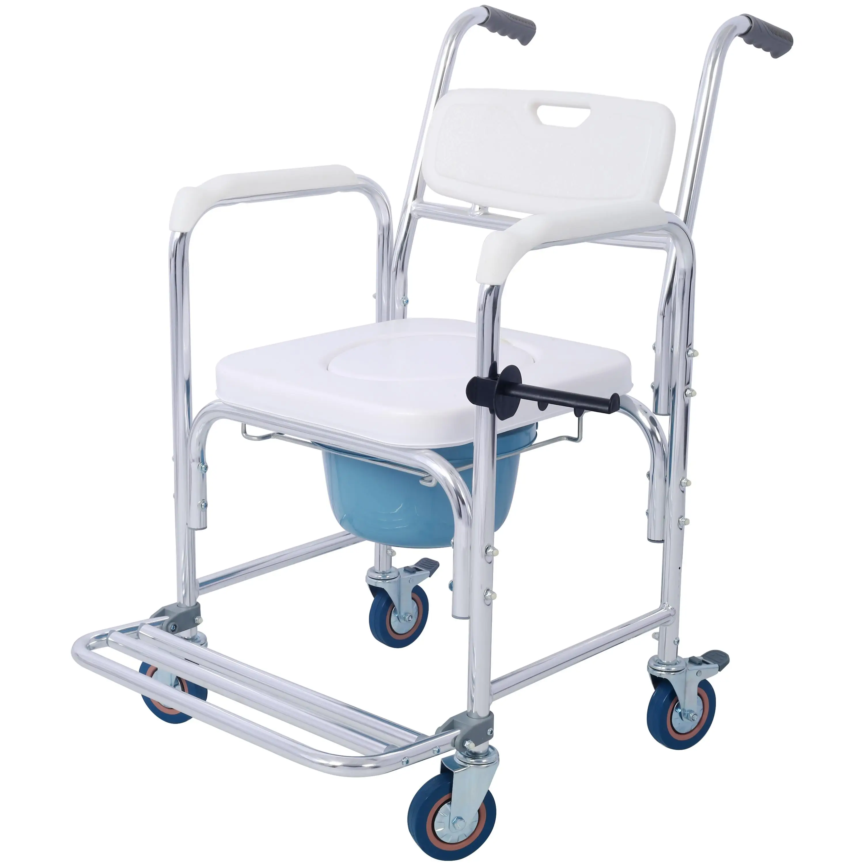 4-in-1 Rolling Commode & Shower Wheelchair for elderly , Transport Chair with Brakes, Tissue & Crutch Holders