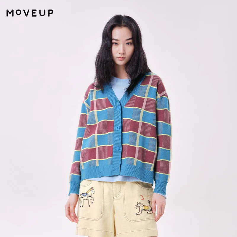 MOVEUP V‑Neck Knit Cardigan 2026 Autumn Color‑Block Plaid Jacquard Cardigans Dropped Sleeve Casual Commuter Sweater 3ELQ31705