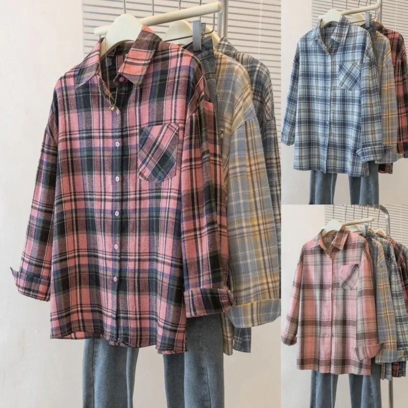 

2026 New Style Vintage Women's Blouses Spring Summer Loose Plaid Shirt Casual Slim Long Sleeve Shirts For Women Streetwear Tops