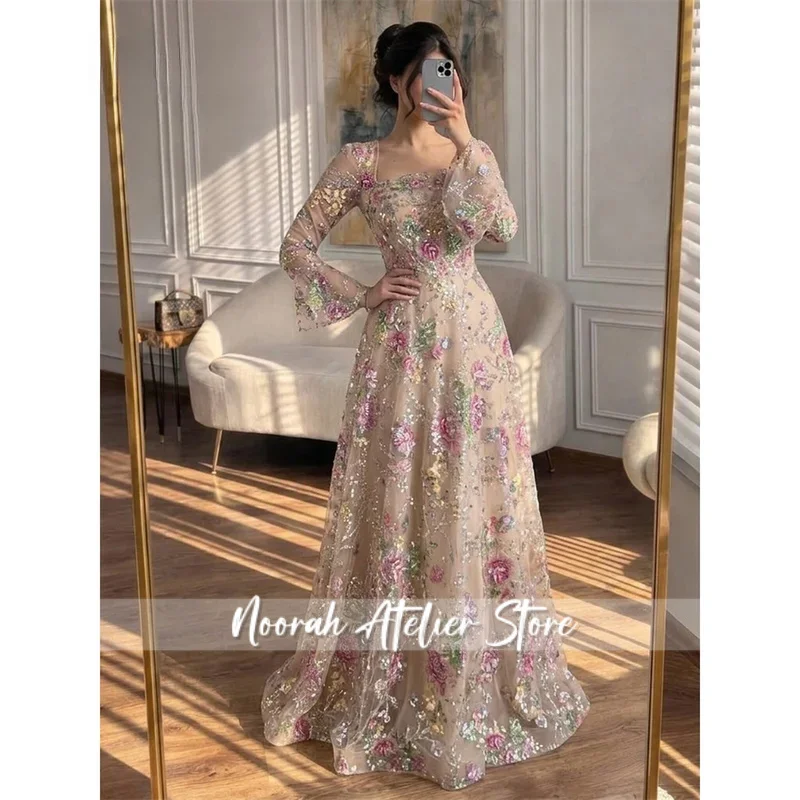 Custom A-line Lace Long Sleeves Square Neck Women's Ball Gown Dresses for Luxury Party Formal Dress 2026 Woman Evening New