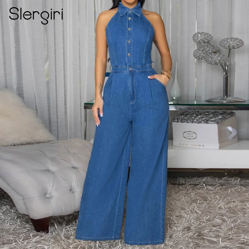 

Slergiri Women's Sexy Backless Half Button Denim Jumpsuit Street Party Elastic Sleeveless Pockets Wide Leg Pants 2025 New