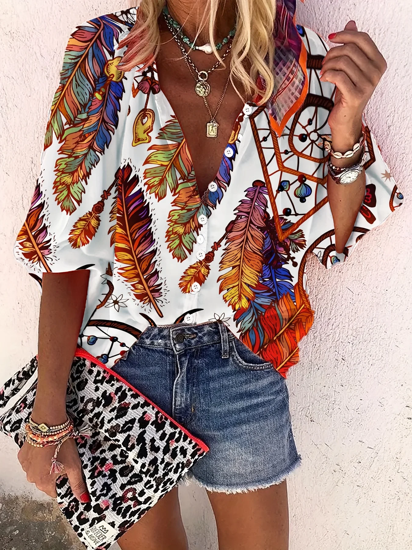 

Women's Ethnic Style Geometric Print Three-Quarter Sleeve Trumpet Shirt Western Leisure Vacation Fashion
