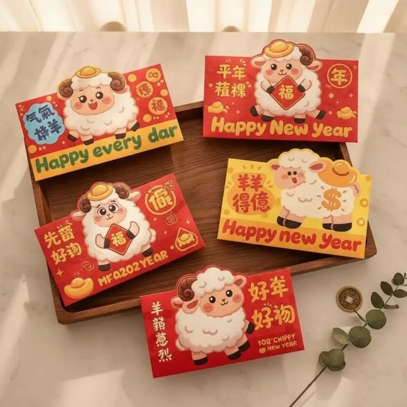 #4pcs Cartoon New Year Money Envelope Paper Craft Thickened 2027 Sheep Year Red Pockets Traditional Blessing Lucky Money Bag