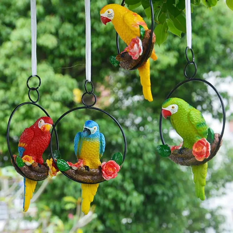 

Creative Resin Hanging Tree Parrot Sculpture On Iron Ring Outdoor Garden Decoration Animal Statue For Home Office Room Ornaments