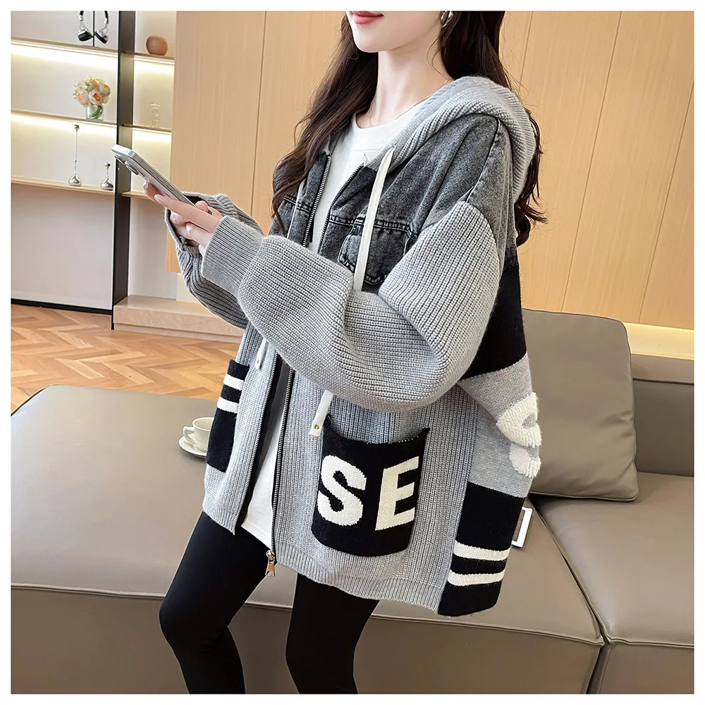 سترة بقلنسوة من قماش الدنيم المحبوك غير الرسمي معطف نسائي ياباني كوري أنيق بسحّاب ملابس علوية كبيرة الحجم ملابس خروج فيستدوس #6