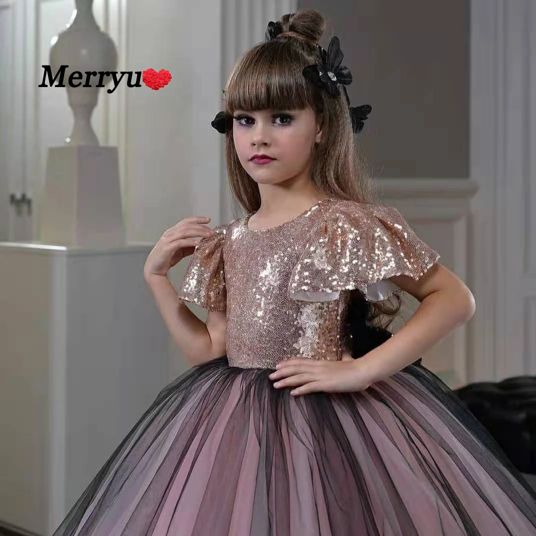 Pailletten Tüll Blumenmädchen Kleid Kurze Puffärmel Mädchen Prom Ballkleider Kinderkleid für Party Vestidos Para Niñas