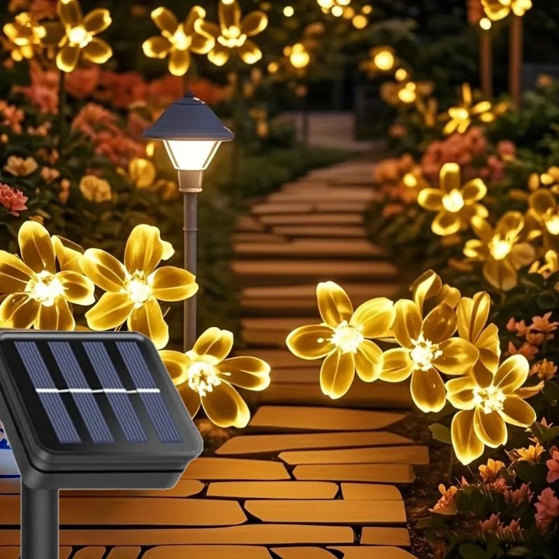 LED Solar Festoon Cherry Blossom Light String Sakura Wedding Fairy Light for Patio Holiday Ramadan Room Decoration Outdoor