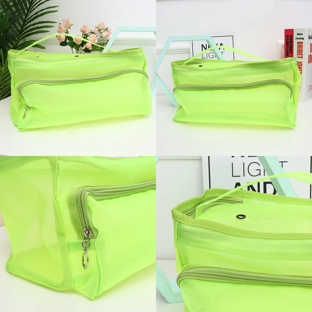 

Light Green Woolen Line Mesh Bag Foldable Nylon Tote Durable Storage Organizer Zipper Handle Portable for Home Travel Outdoor