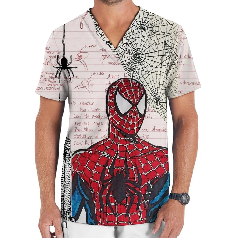 Medical Uniforms Marvel Spider Man Nurse Scrub Tops Dental Hospital Nursing Shirts Cartoon V-neck Blouse Mens Clinical Scrubs