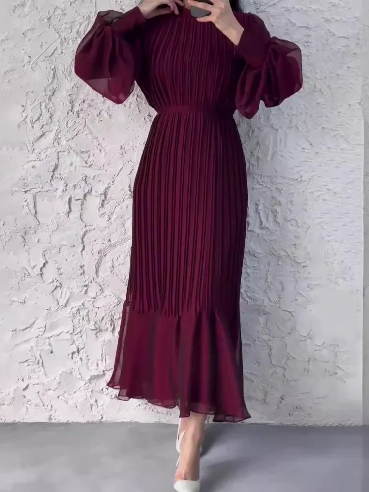 

Elegant French Women Dress Solid Pleated Lantern Sleeves Autumn and Winter Long Fishtail Folds Office Ladies Temperament Dresses