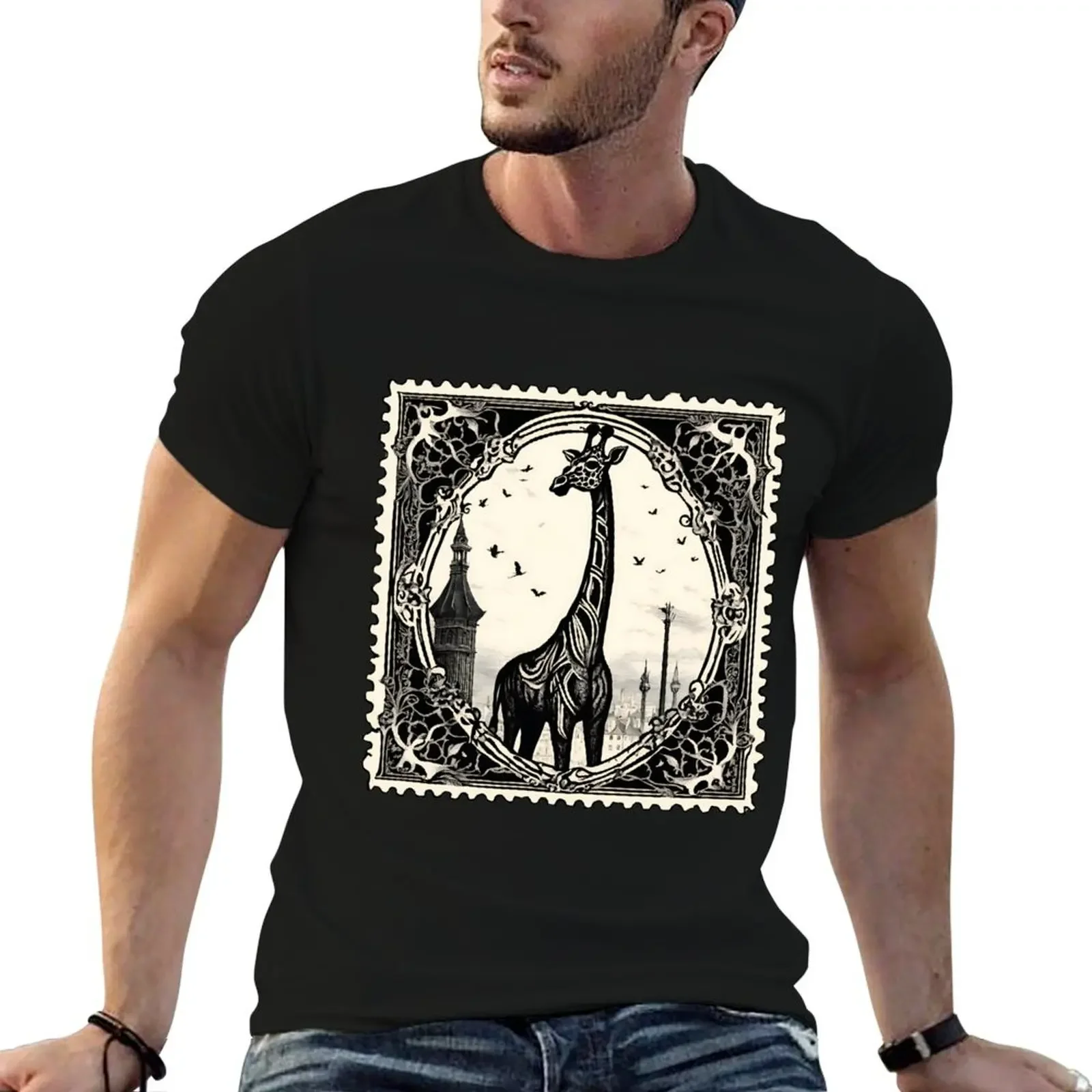 Golden Age Giraffe: Retro Stamp Masterpiece T-Shirt vintage graphic tee graphic t shirts black t shirts for men