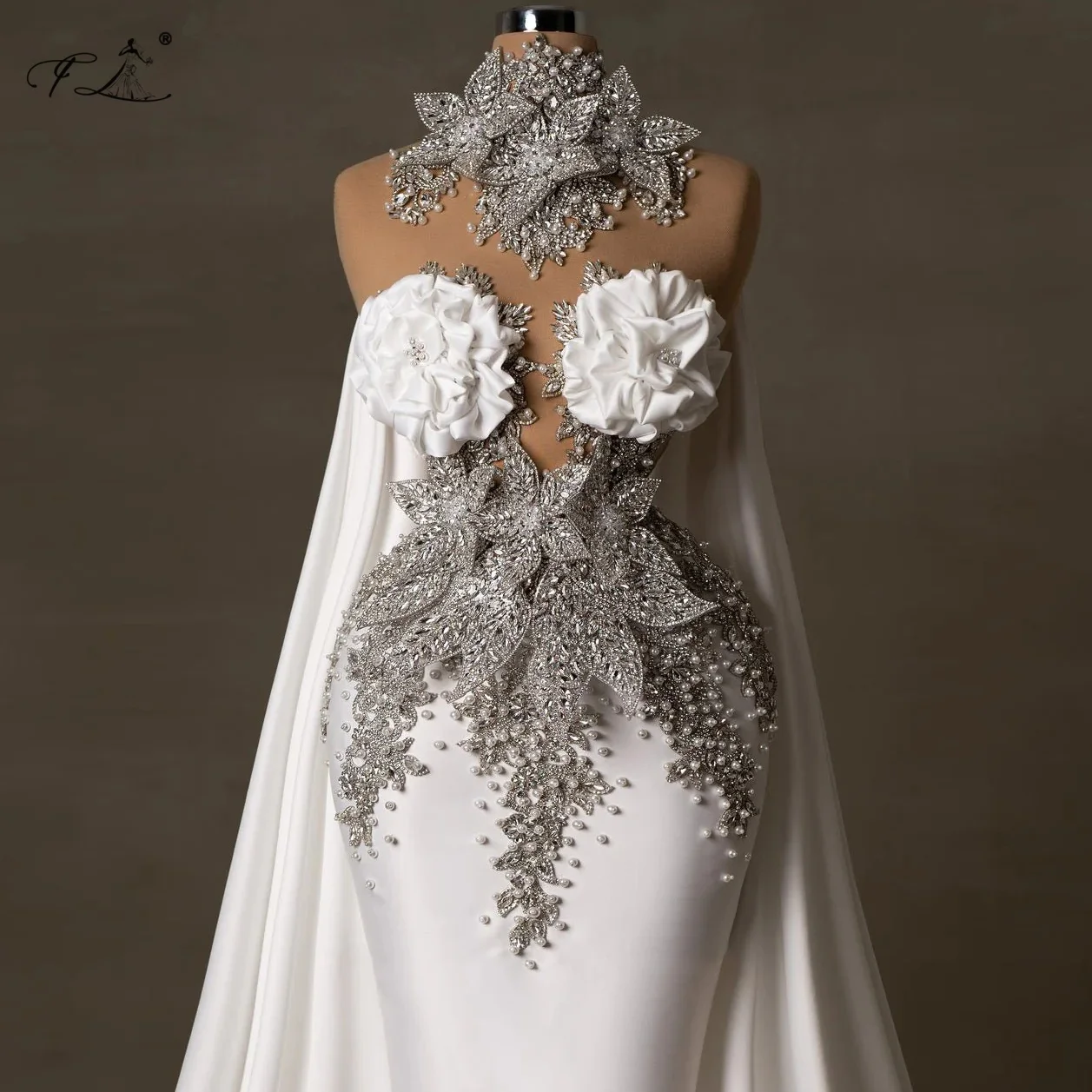 

Personalized Crystal Floral Evening Gown Luxurious White Pearl Mermaid Dress Train Formal Occasions Women'S Wedding Party Dress