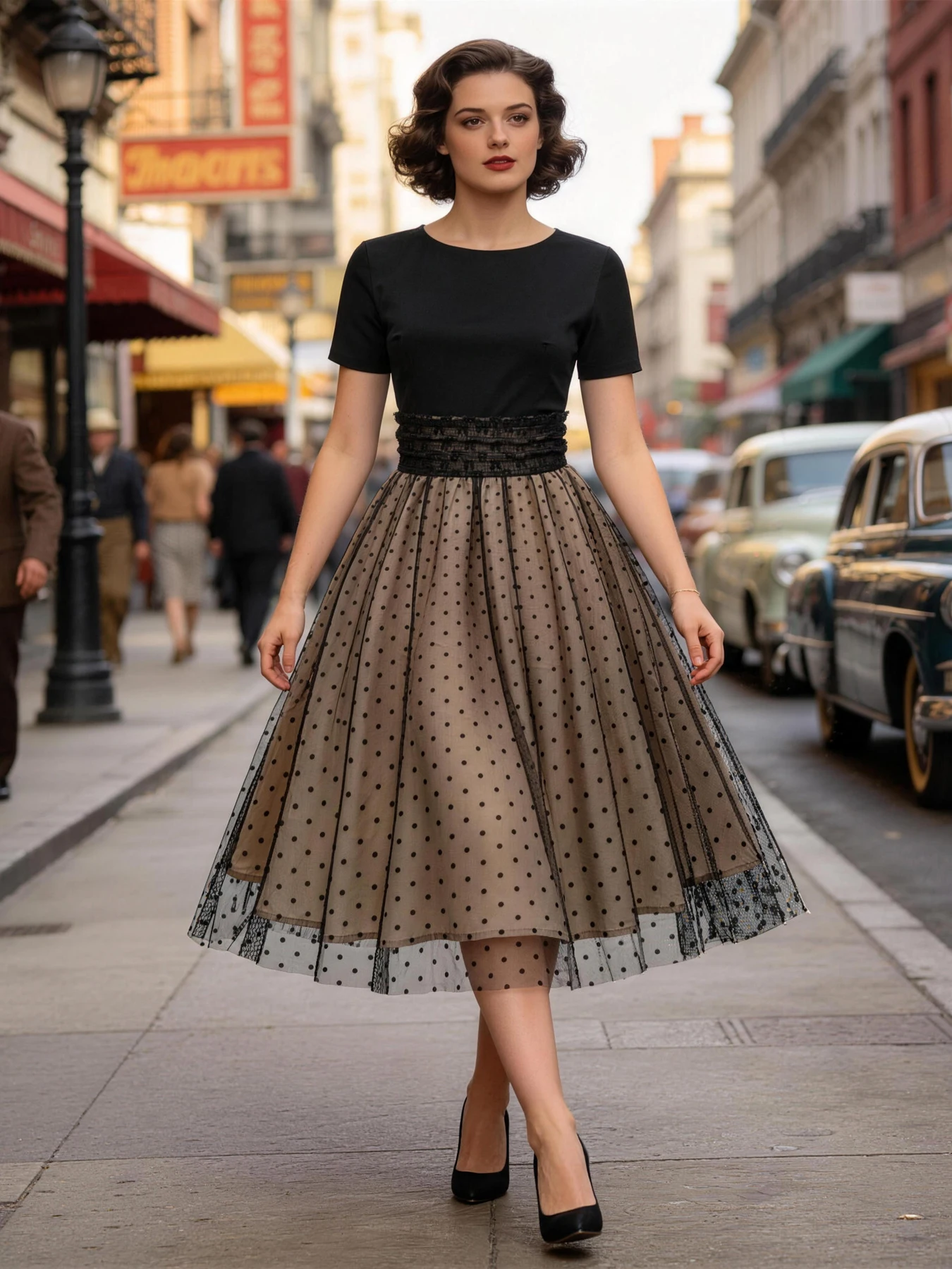 Tonval Round Neck Ruched High Waist Vintage Dot Mesh Overlay Pleated Dress Women Short Sleeve Elegant Party Summer Midi Dresses