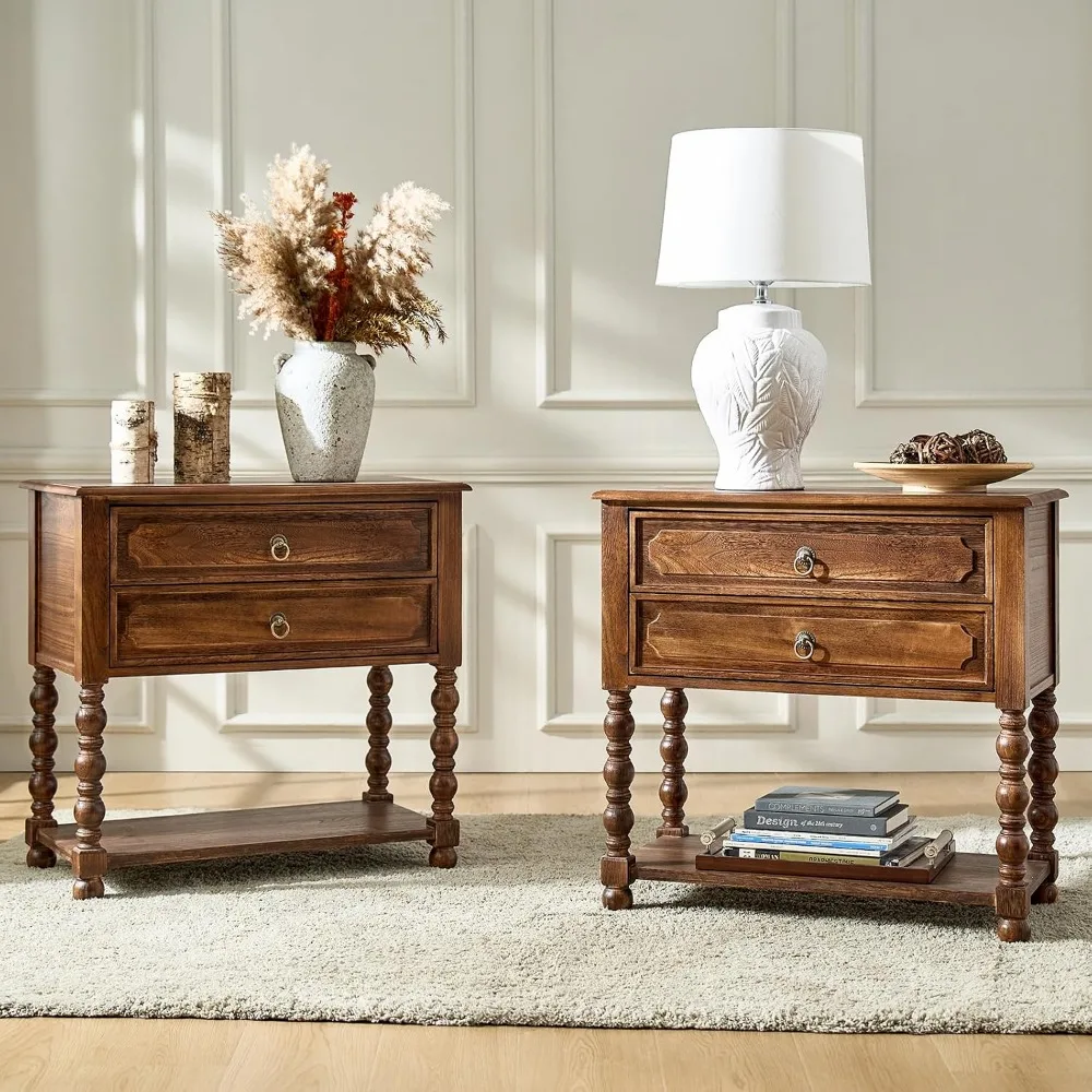 Farmhouse Style End Table with Charging Station, 2-Pack Walnut | Open Shelf, Drawer Storage, Solid Wood Construction
