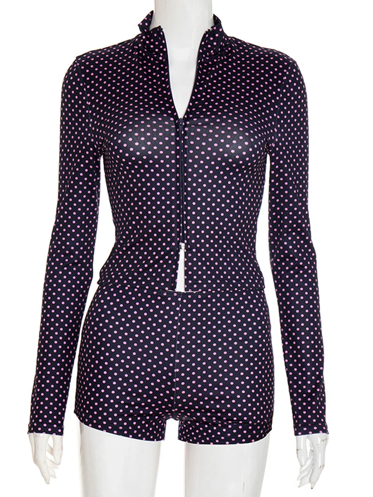 Kricesseen Giacca da donna con cerniera frontale stampata a pois Top e pantaloncini Set Abiti da vacanza Set di co-ordine per ragazze carine Abiti da night club