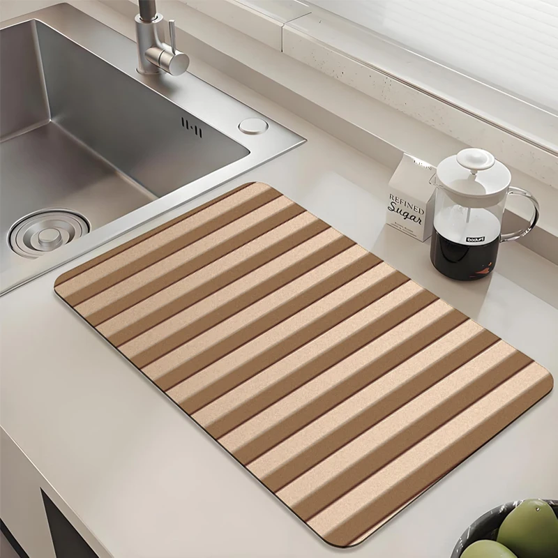 

Brown Gold Striped Kitchen Drying Mat - Non-Slip Absorbent Pad for Sink Countertop Dish
