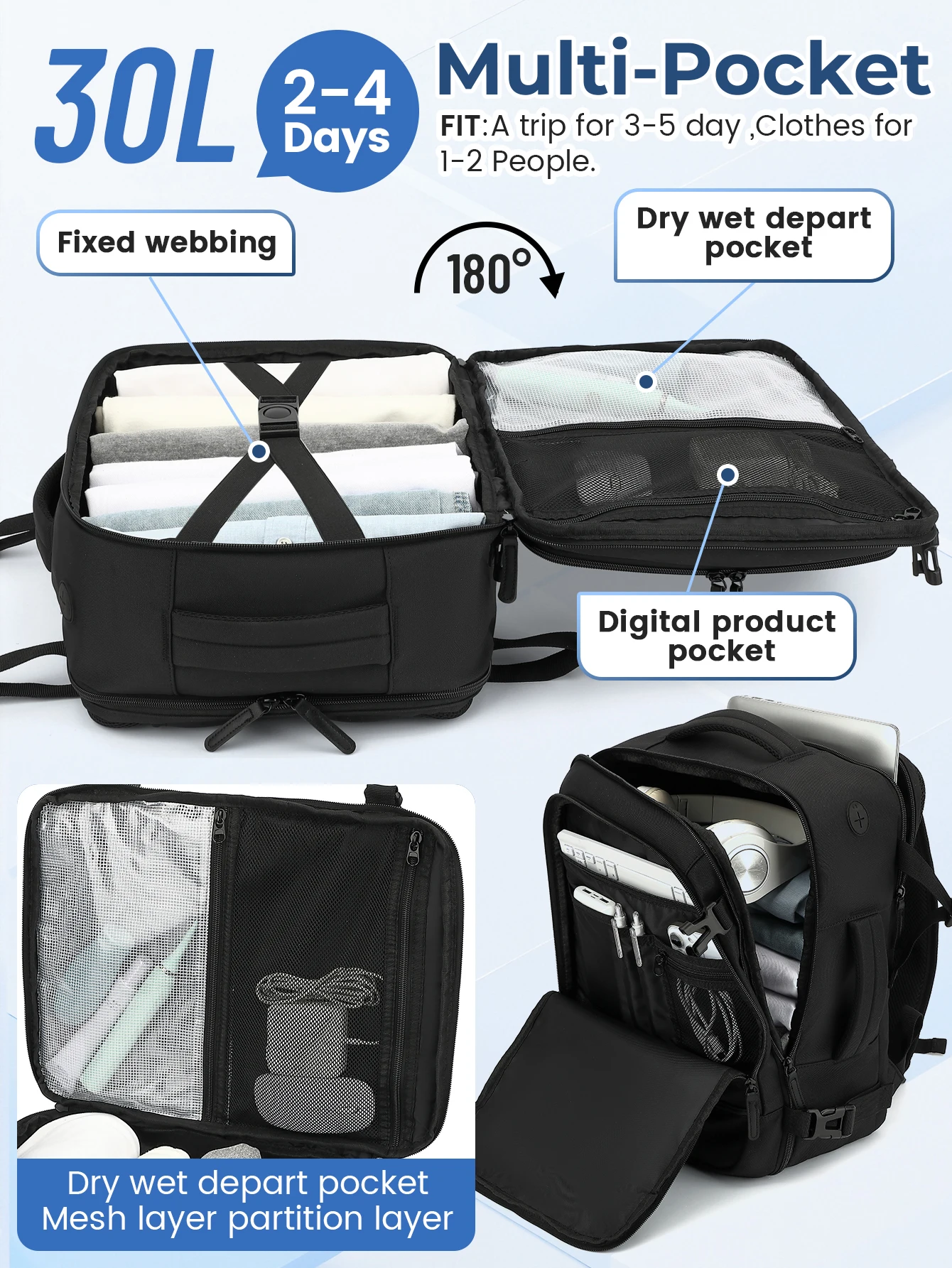 Kabine Flugzeug Reise rucksack Ryanair 40x30x20, Handgepäck Kabine Rucksack Wizzair 40x30x20 Handgepäck Männer Frauen 15.6Zoll Laptop taschen – Detail 5