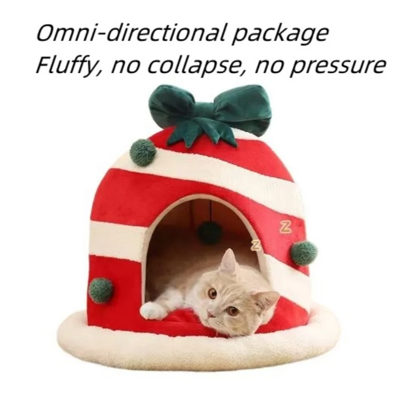 Soft Cat Bed Deep Sleep House Christmas Sculpt Pet Nest Quadrate Round Cat House Arctic Wool Thickened with Fluffy Cat Mat