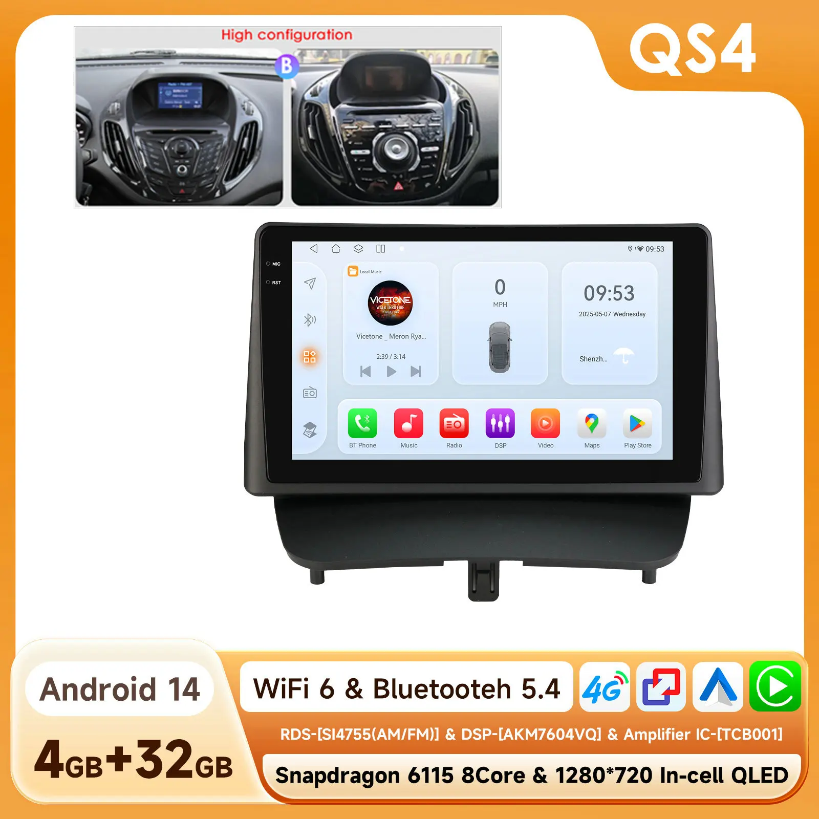 Hizpo 8-Core Android 14 Intelligente autoradio voor Ford Transit/Tourneo Courier 2013-2021 CarPlay 4G BT met Qualcomm Snapdragon 6115