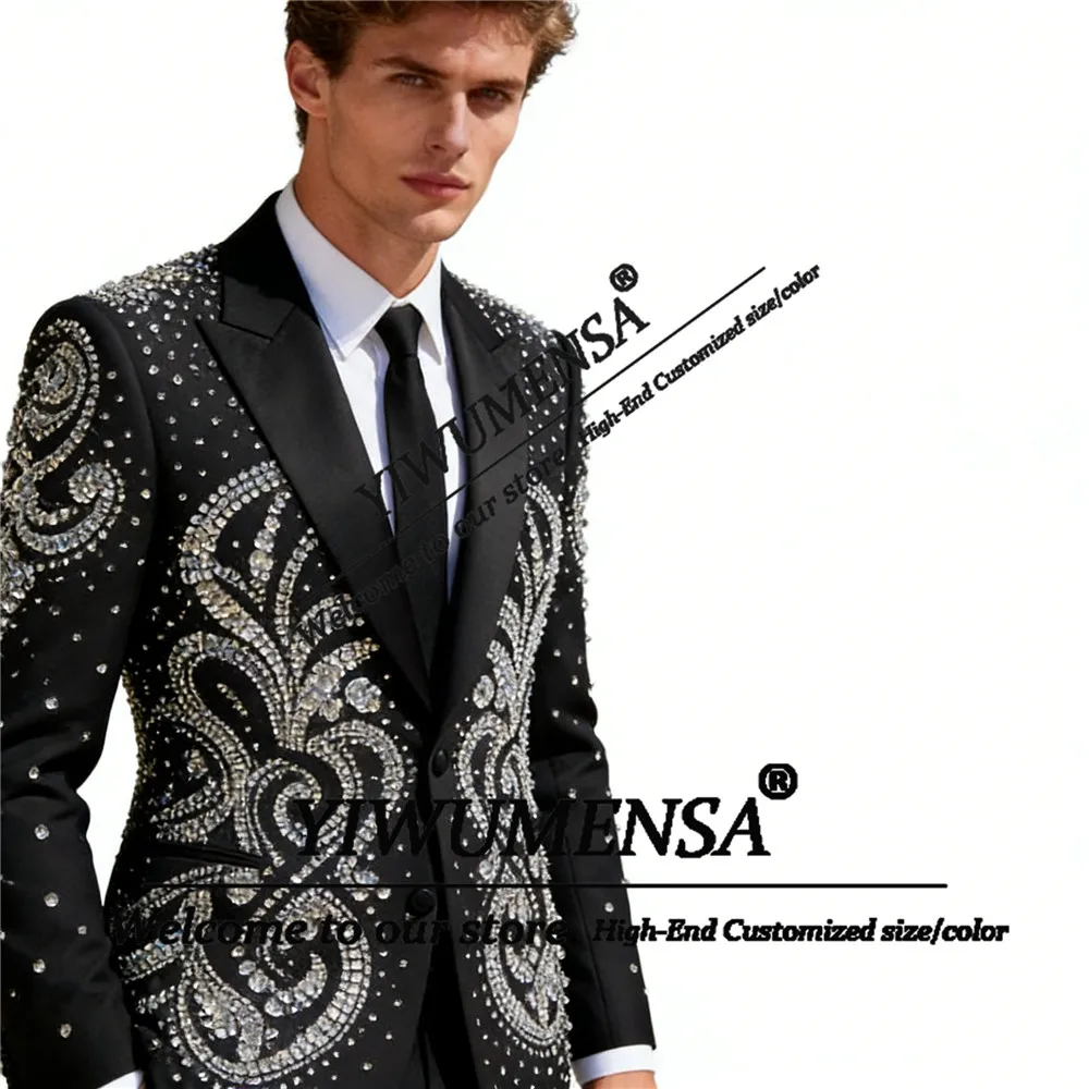 Luxury Beaded Stones Groom Wedding Tuxedos Customized Single Breasted Jacket Pants 2 Piece Set Man Banquet Party Attire Slim Fit
