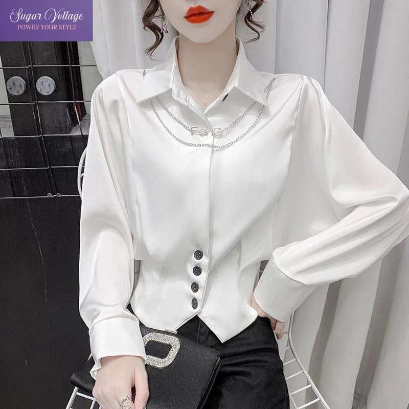 

2025 Autumn Office Satin Blouse Women Short Long Sleeve Shirt with Silver Chain Detail Elegant Turn Down Collar Chic Crop Top