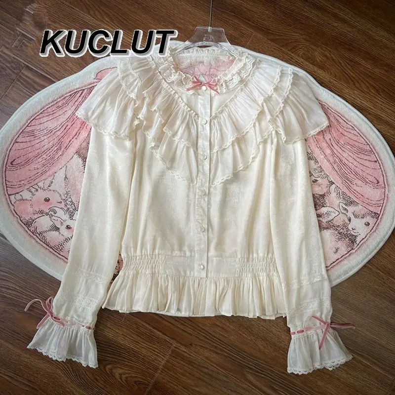Long-sleeved Inner Lolita Style Doll Wall Stand-up Collar V-shaped Ruffle Edge Casual Elegant Blouses Femme Women's Tops