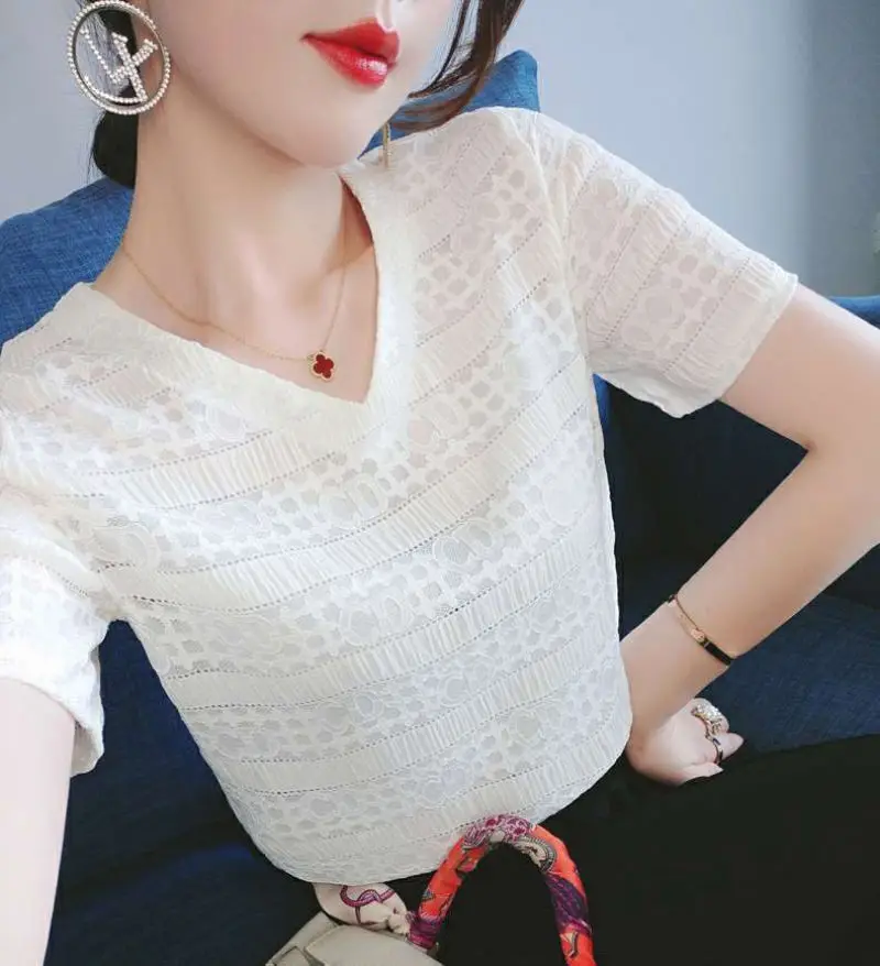 Elegant Lace Patchwork Solid Chiffon Shirts Summer 2023 Office Lady V-Neck Short Sleeve Loose Pullovers Blouse Women\'s Clothing