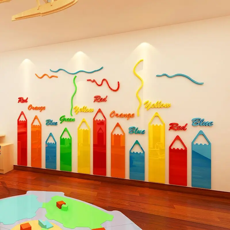3D Cartoon Acrylic Wall Stickers, Colored Pencils, Kids Room, Living Room, Kindergarten, DIY Art, Home Decor